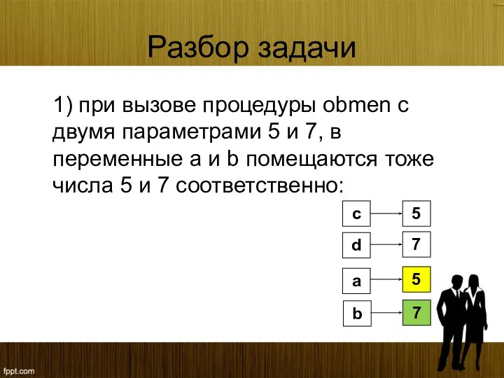 Разбор задачи 1) при вызове процедуры obmen с двумя параметрами 5