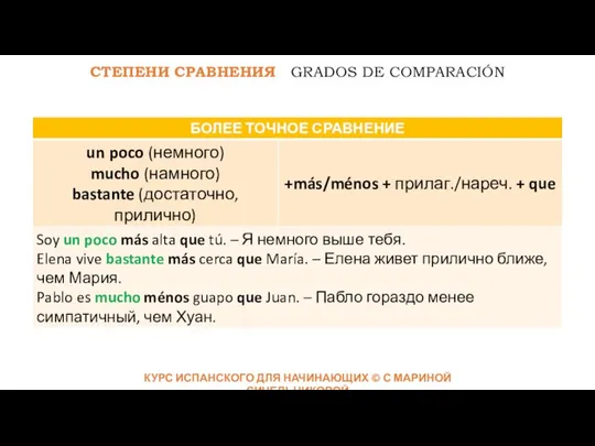 КУРС ИСПАНСКОГО ДЛЯ НАЧИНАЮЩИХ © С МАРИНОЙ СИНЕЛЬНИКОВОЙ СТЕПЕНИ СРАВНЕНИЯ GRADOS DE СOMPARACIÓN