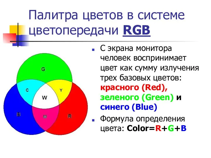 Палитра цветов в системе цветопередачи RGB С экрана монитора человек воспринимает
