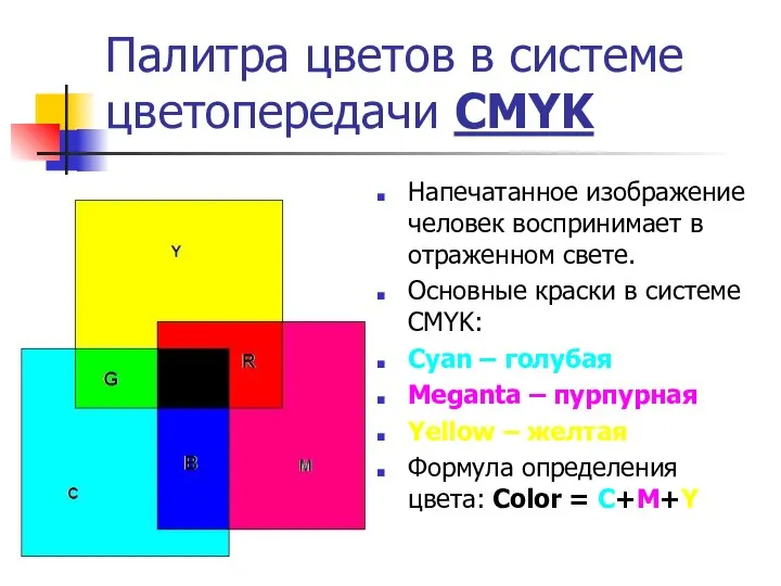 Палитра цветов в системе цветопередачи CMYK Напечатанное изображение человек воспринимает в