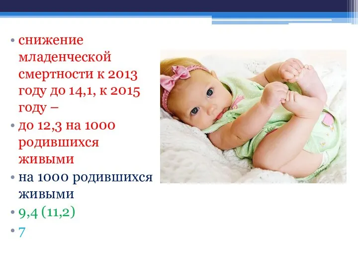 снижение младенческой смертности к 2013 году до 14,1, к 2015 году