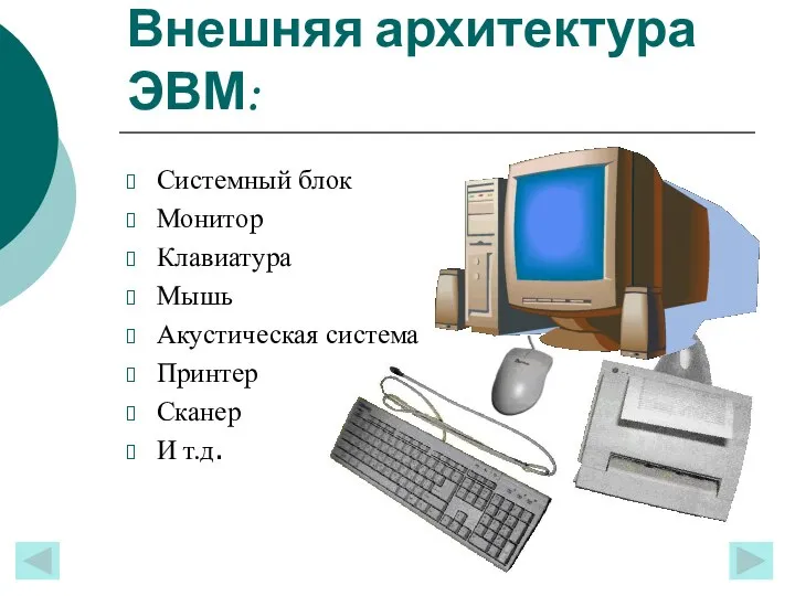 Внешняя архитектура ЭВМ: Системный блок Монитор Клавиатура Мышь Акустическая система Принтер Сканер И т.д.