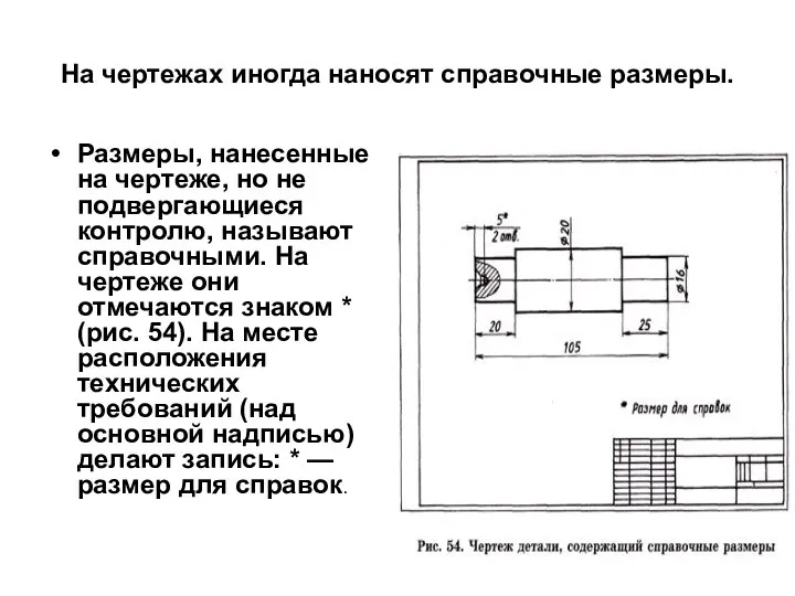 На чертежах иногда наносят справочные размеры. Размеры, нанесенные на чертеже, но