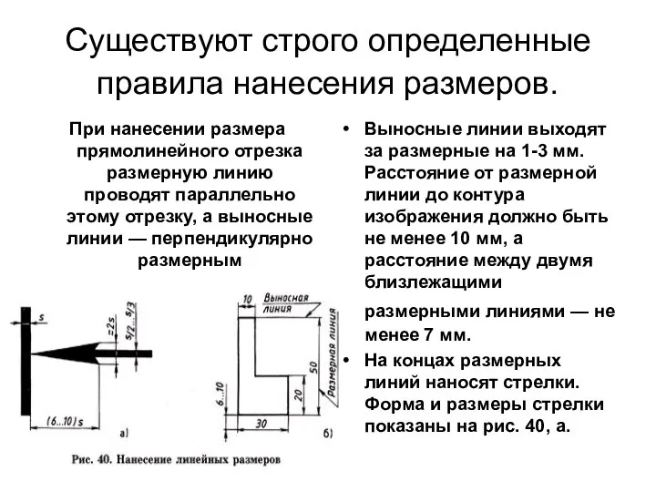 Существуют строго определенные правила нанесения размеров. При нанесении размера прямолинейного отрезка