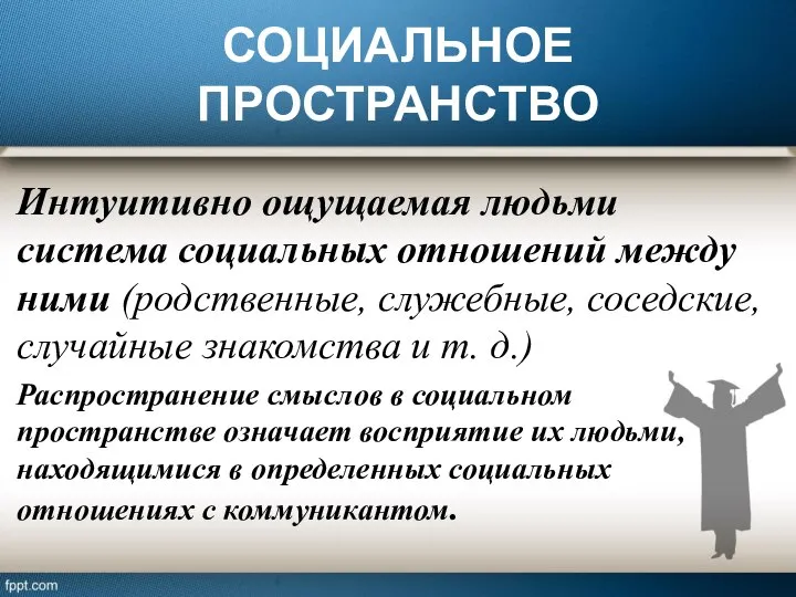 СОЦИАЛЬНОЕ ПРОСТРАНСТВО Интуитивно ощущаемая людьми система социальных отношений между ними (родственные,