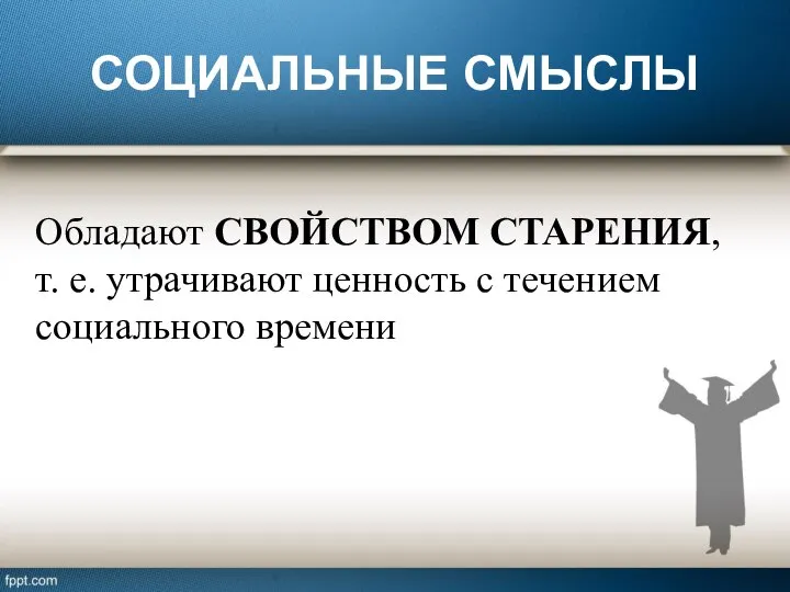 СОЦИАЛЬНЫЕ СМЫСЛЫ Обладают СВОЙСТВОМ СТАРЕНИЯ, т. е. утрачивают ценность с течением социального времени