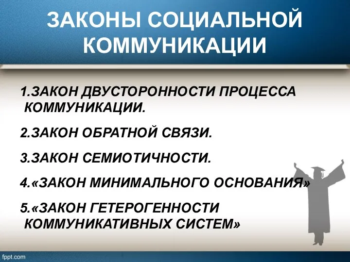 ЗАКОНЫ СОЦИАЛЬНОЙ КОММУНИКАЦИИ ЗАКОН ДВУСТОРОННОСТИ ПРОЦЕССА КОММУНИКАЦИИ. ЗАКОН ОБРАТНОЙ СВЯЗИ. ЗАКОН