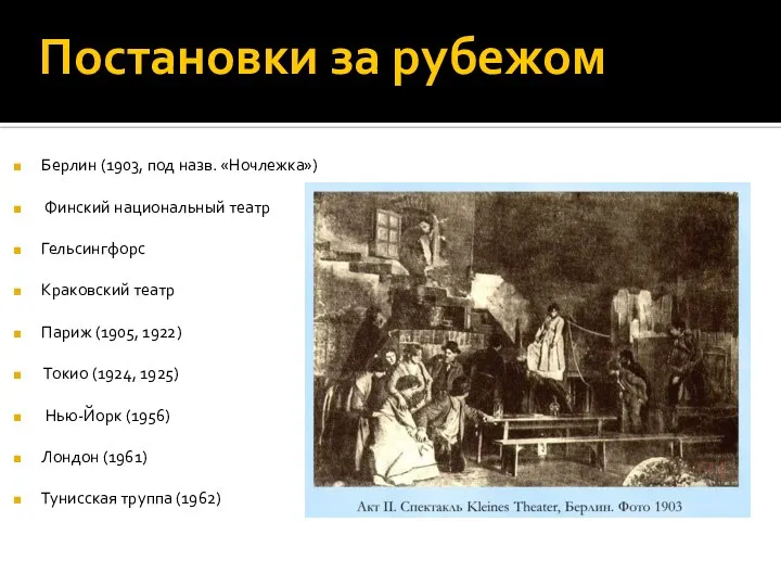 Постановки за рубежом Берлин (1903, под назв. «Ночлежка») Финский национальный театр