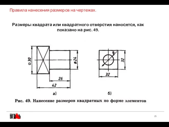 Правила нанесения размеров на чертежах. Размеры квадрата или квадратного отверстия наносятся, как показано на рис. 49.