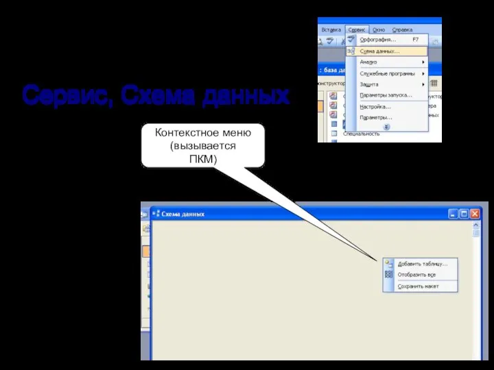 Команды меню: Сервис, Схема данных Контекстное меню (вызывается ПКМ)