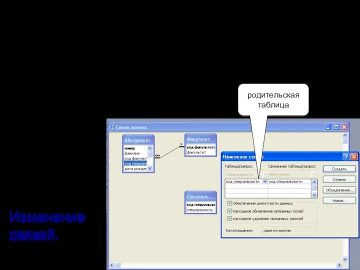Связывание таблиц Для связывания следует выделить поле в одной таблице, переташить