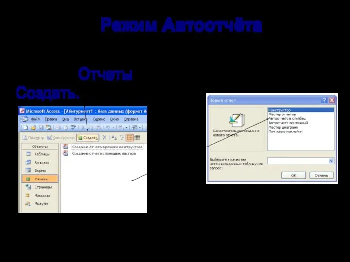 Режим Автоотчёта Среди объектов БД выбираем вкладку Отчеты, жмём по кнопке Создать. Далее самостоятельно.