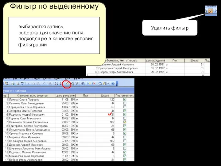 Фильтр по выделенному выбирается запись, содержащая значение поля, подходящее в качестве