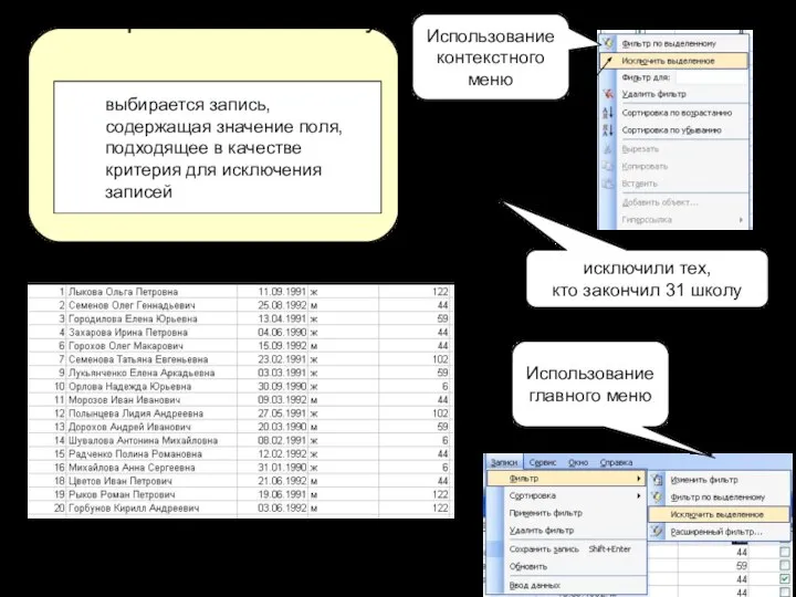 Фильтр по исключённому выбирается запись, содержащая значение поля, подходящее в качестве