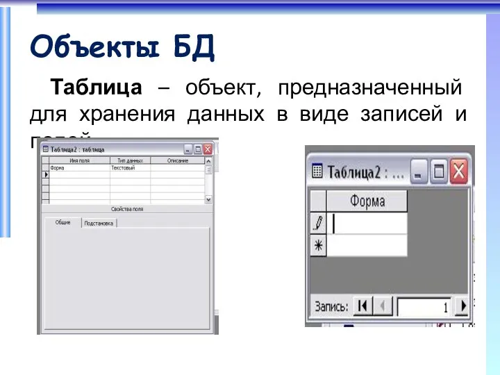 Объекты БД Таблица – объект, предназначенный для хранения данных в виде записей и полей