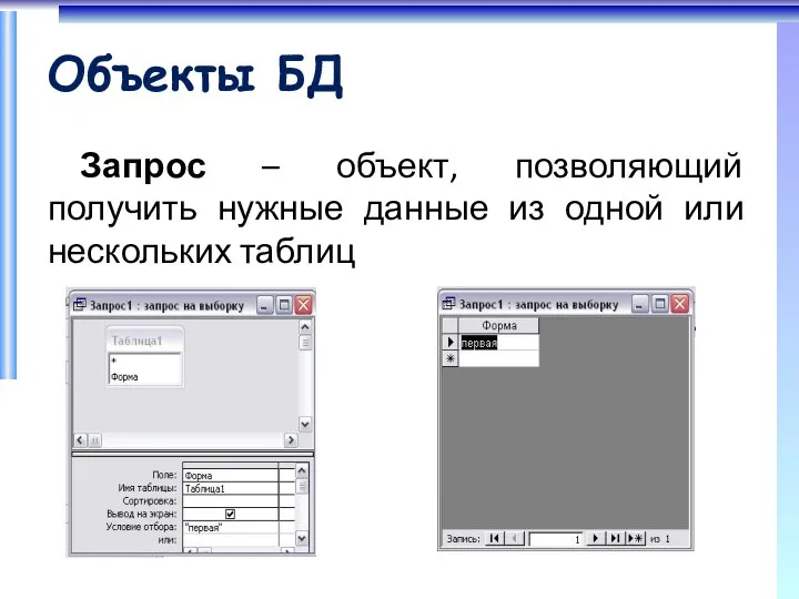 Объекты БД Запрос – объект, позволяющий получить нужные данные из одной или нескольких таблиц