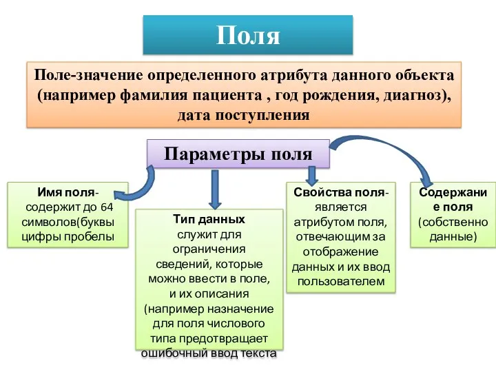 Поля Поле-значение определенного атрибута данного объекта (например фамилия пациента , год