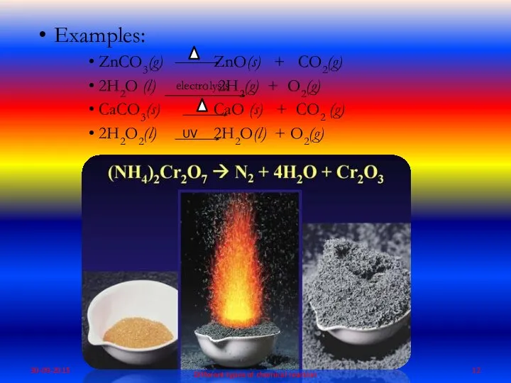 Examples: ZnCO3(g) ZnO(s) + CO2(g) 2H2O (l) 2H2(g) + O2(g) CaCO3(s)