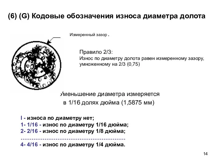 (6) (G) Кодовые обозначения износа диаметра долота . Уменьшение диаметра измеряется