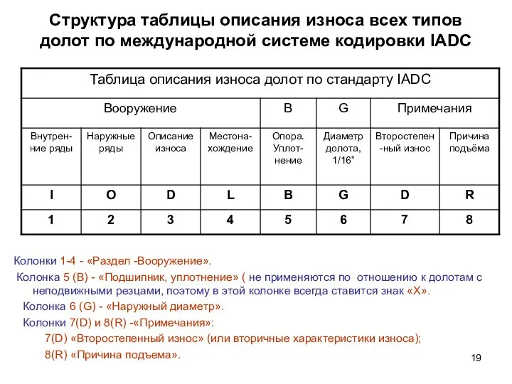 Структура таблицы описания износа всех типов долот по международной системе кодировки