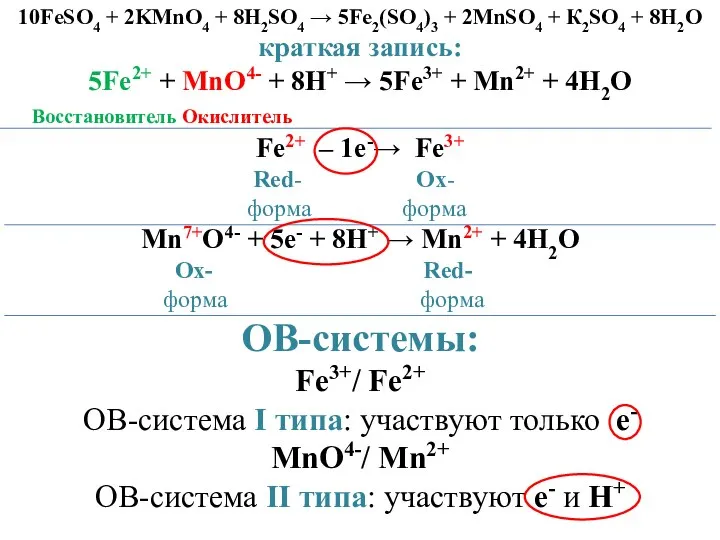 10FeSO4 + 2KMnO4 + 8H2SO4 → 5Fe2(SO4)3 + 2MnSO4 + К2SO4