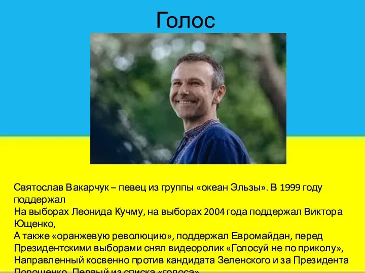 Голос Святослав Вакарчук – певец из группы «океан Эльзы». В 1999