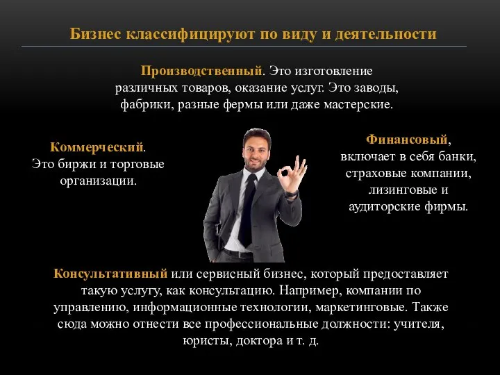 Бизнес классифицируют по виду и деятельности Производственный. Это изготовление различных товаров,