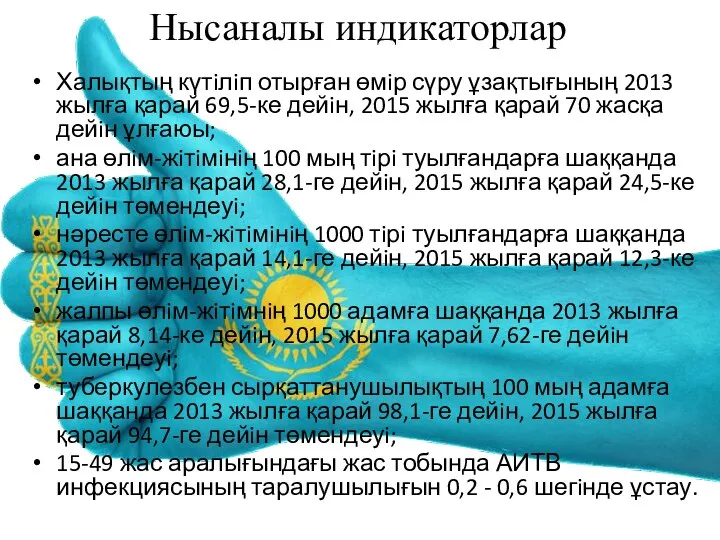 Нысаналы индикаторлар Халықтың күтiлiп отырған өмiр сүру ұзақтығының 2013 жылға қарай