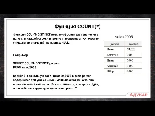 Функция COUNT(*) Функция COUNT(DISTINCT имя_поля) оценивает значения в поле для каждой