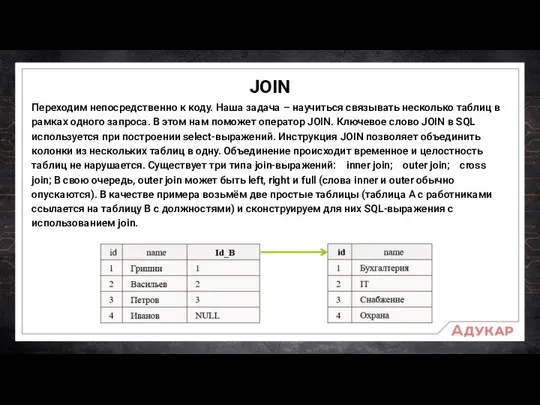 JOIN Переходим непосредственно к коду. Наша задача – научиться связывать несколько