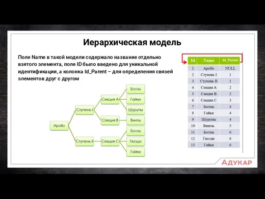 Иерархическая модель Поле Name в такой модели содержало название отдельно взятого