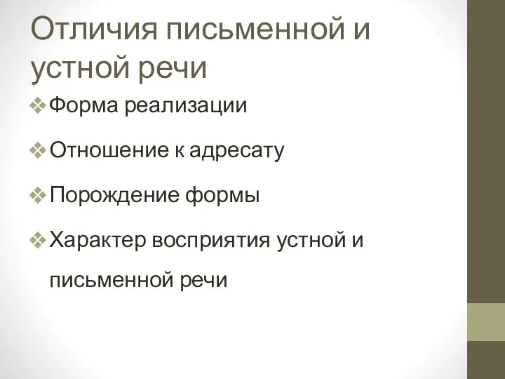 Отличия письменной и устной речи Форма реализации Отношение к адресату Порождение