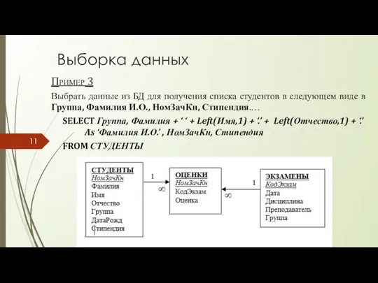 Выборка данных Пример 3 Выбрать данные из БД для получения списка