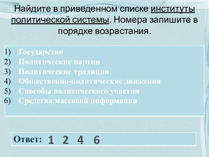 Найдите в приведенном списке институты политической системы. Номера запишите в порядке возрастания. 1 2 4 6