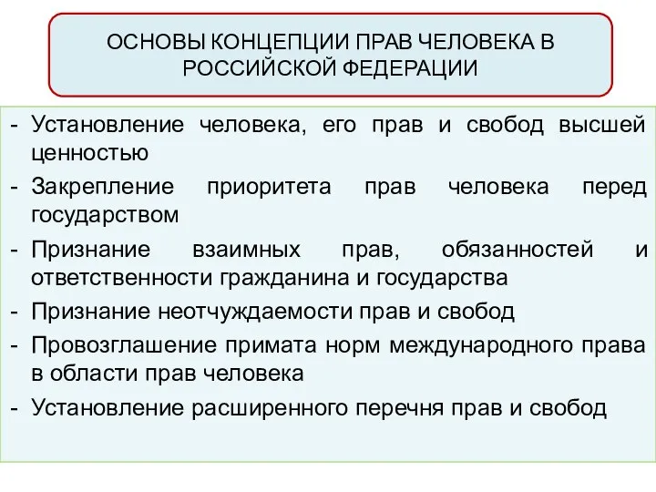 ОСНОВЫ КОНЦЕПЦИИ ПРАВ ЧЕЛОВЕКА В РОССИЙСКОЙ ФЕДЕРАЦИИ Установление человека, его прав