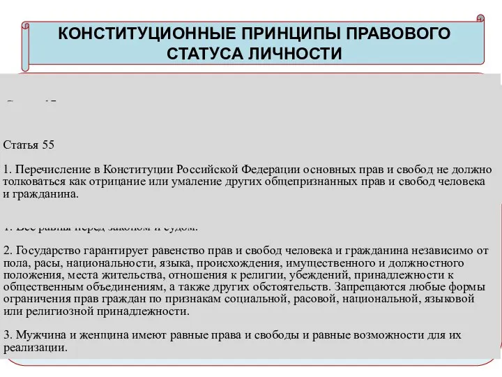 КОНСТИТУЦИОННЫЕ ПРИНЦИПЫ ПРАВОВОГО СТАТУСА ЛИЧНОСТИ Права и свободы человека и гражданина