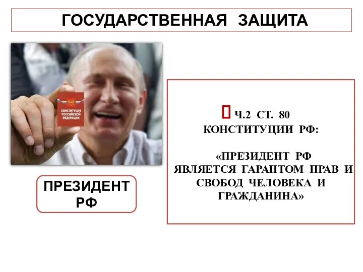 ГОСУДАРСТВЕННАЯ ЗАЩИТА ПРЕЗИДЕНТ РФ Ч.2 СТ. 80 КОНСТИТУЦИИ РФ: «ПРЕЗИДЕНТ РФ