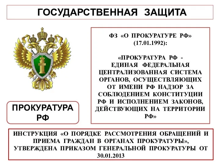 ГОСУДАРСТВЕННАЯ ЗАЩИТА ПРОКУРАТУРА РФ ФЗ «О ПРОКУРАТУРЕ РФ» (17.01.1992): «ПРОКУРАТУРА РФ