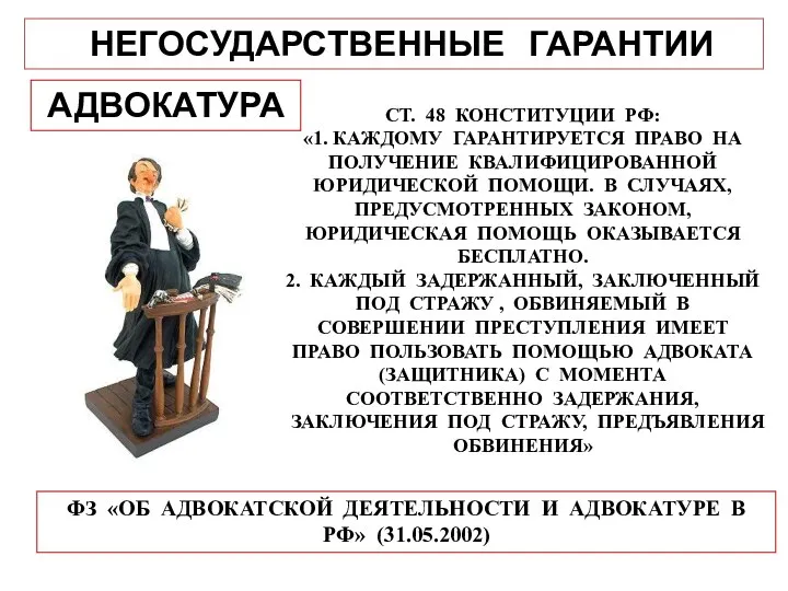 НЕГОСУДАРСТВЕННЫЕ ГАРАНТИИ АДВОКАТУРА СТ. 48 КОНСТИТУЦИИ РФ: «1. КАЖДОМУ ГАРАНТИРУЕТСЯ ПРАВО