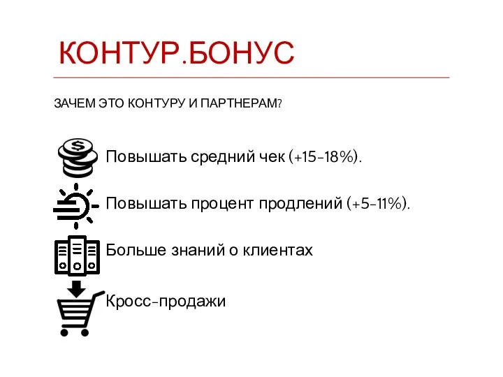 КОНТУР.БОНУС Повышать средний чек (+15-18%). Повышать процент продлений (+5-11%). Больше знаний