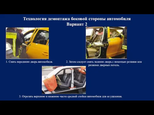 Технология демонтажа боковой стороны автомобиля Вариант 2 1. Снять переднюю дверь