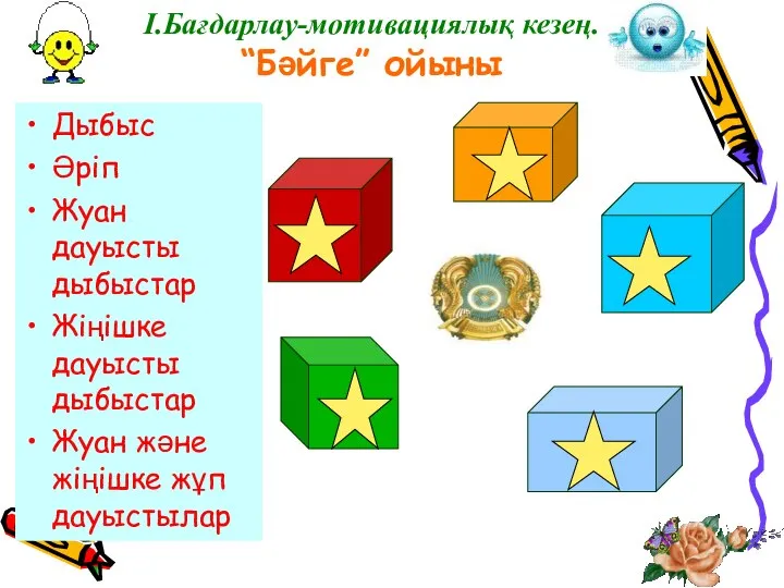 І.Бағдарлау-мотивациялық кезең. “Бәйге” ойыны Дыбыс Әріп Жуан дауысты дыбыстар Жіңішке дауысты