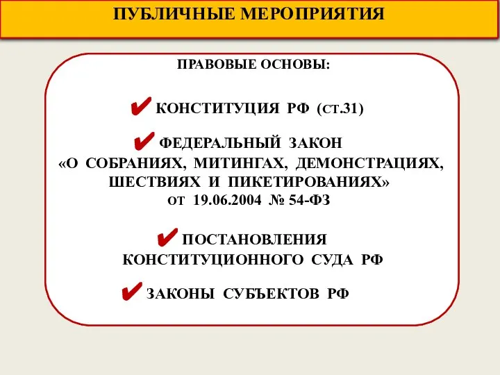 ПРАВО НА ПРОВЕДЕНИЕ ПУБЛИЧНЫХ МЕРОПРИЯТИЙ ПРАВОВЫЕ ОСНОВЫ: КОНСТИТУЦИЯ РФ (СТ.31) ФЕДЕРАЛЬНЫЙ