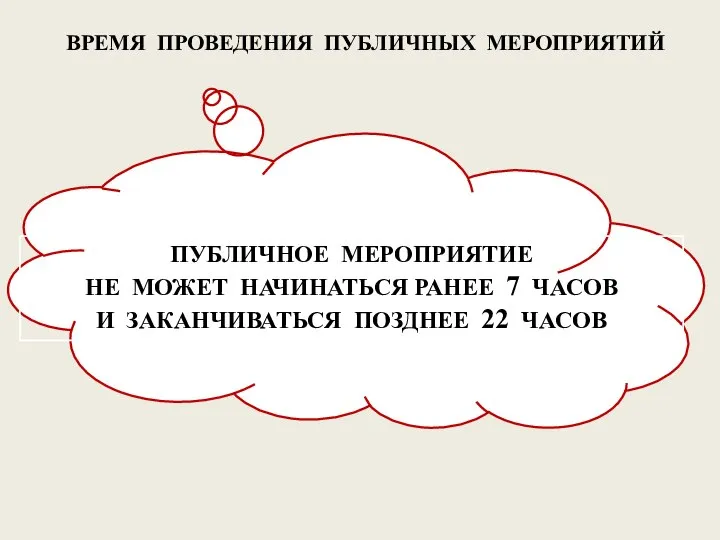 ВРЕМЯ ПРОВЕДЕНИЯ ПУБЛИЧНЫХ МЕРОПРИЯТИЙ ПУБЛИЧНОЕ МЕРОПРИЯТИЕ НЕ МОЖЕТ НАЧИНАТЬСЯ РАНЕЕ 7