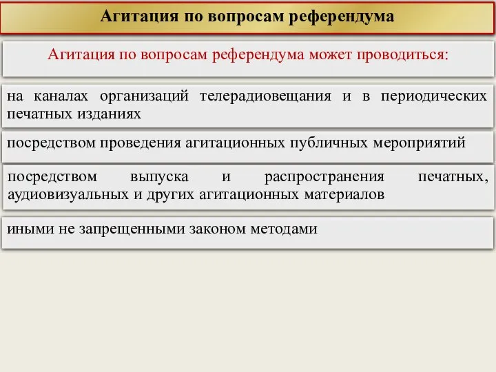 Агитация по вопросам референдума Агитация по вопросам референдума может проводиться: на