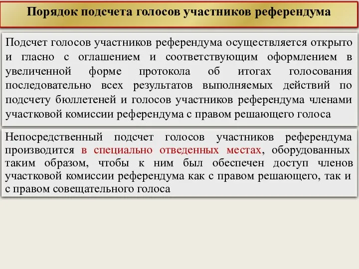 Порядок подсчета голосов участников референдума Подсчет голосов участников референдума осуществляется открыто