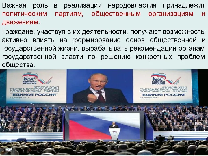 Важная роль в реализации народовластия принадлежит политическим партиям, общественным организациям и