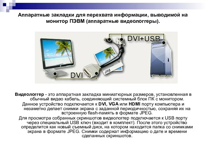 Аппаратные закладки для перехвата информации, выводимой на монитор ПЭВМ (аппаратные видеологгеры).