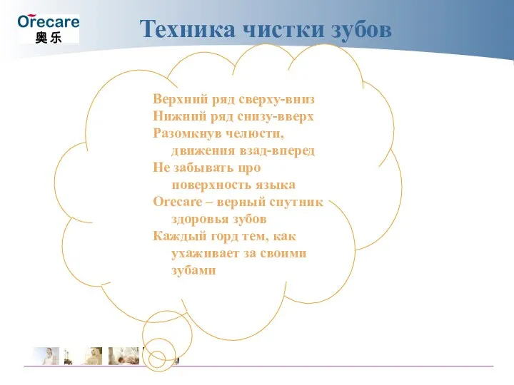 Техника чистки зубов Верхний ряд сверху-вниз Нижний ряд снизу-вверх Разомкнув челюсти,