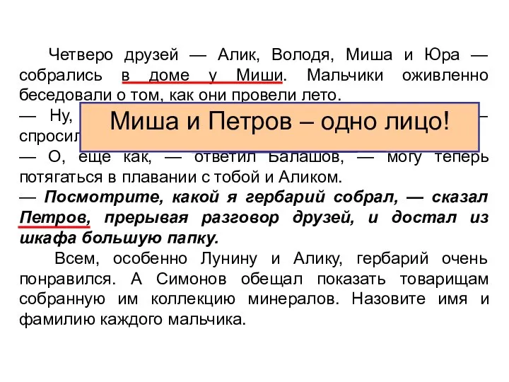 Четверо друзей — Алик, Володя, Миша и Юра — собрались в